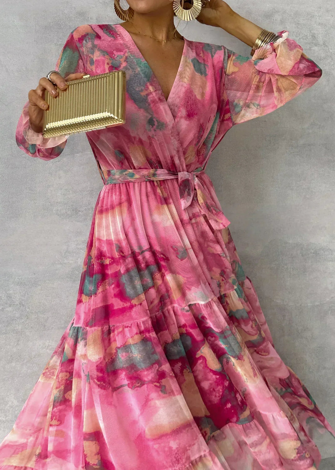 Pink women's flowy long sleeve summer dress for effortless modern style. Comfortable, versatile day to night casual wear.