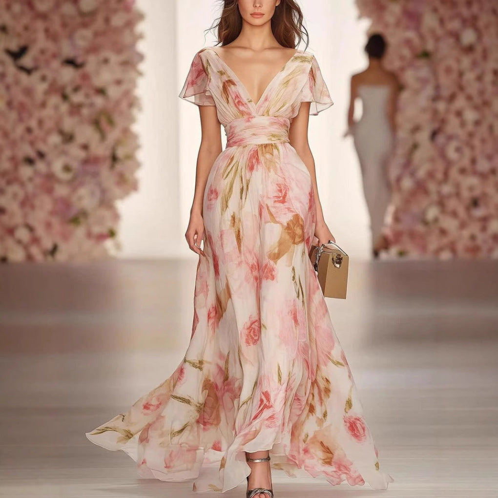Pink women's flutter sleeve fit & flare maxi dress. Elegant A-line pullover perfect for summer vacation or casual events.
