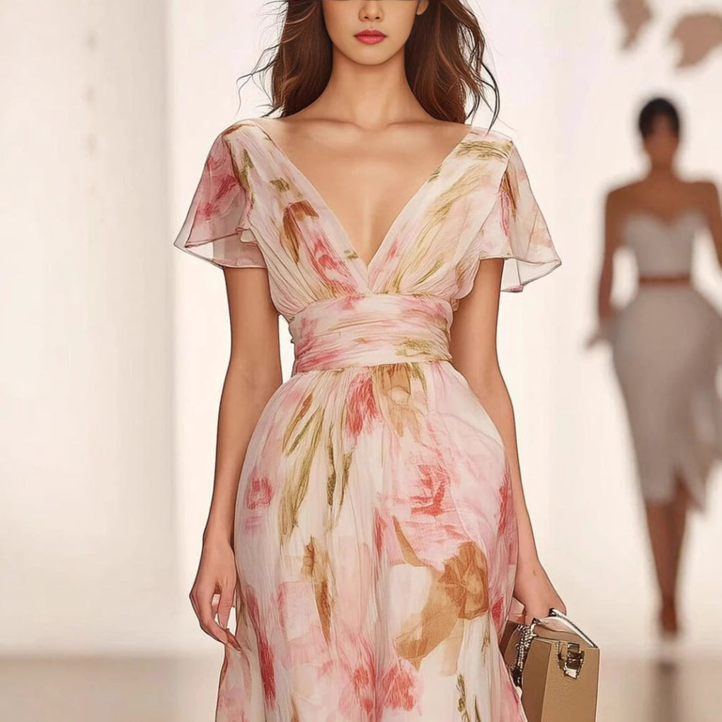 Women's elegant pink flutter sleeve maxi dress, A-line fit and flare design. Ideal for summer, vacation, or event wear.