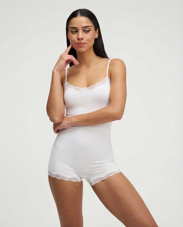 Brown ultimate comfort sleepwear romper. Soft lace trim cami playsuit for women.