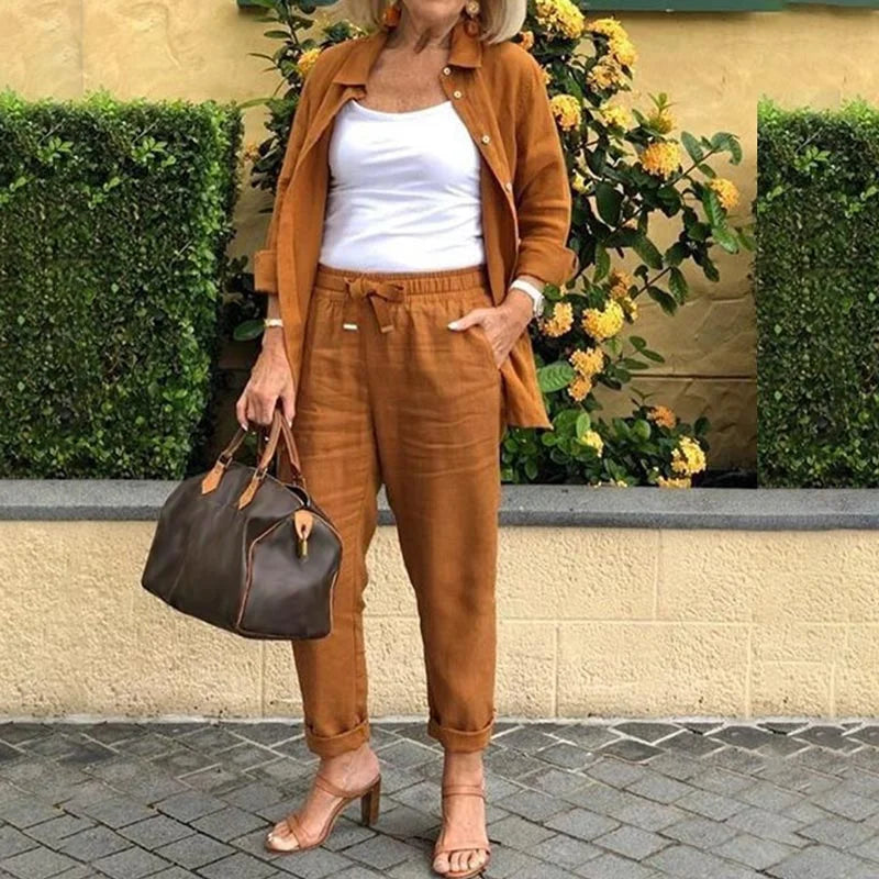 Chic pink women's two-piece set: relaxed denim jacket & drawstring pants. Perfect for casual spring outfits.