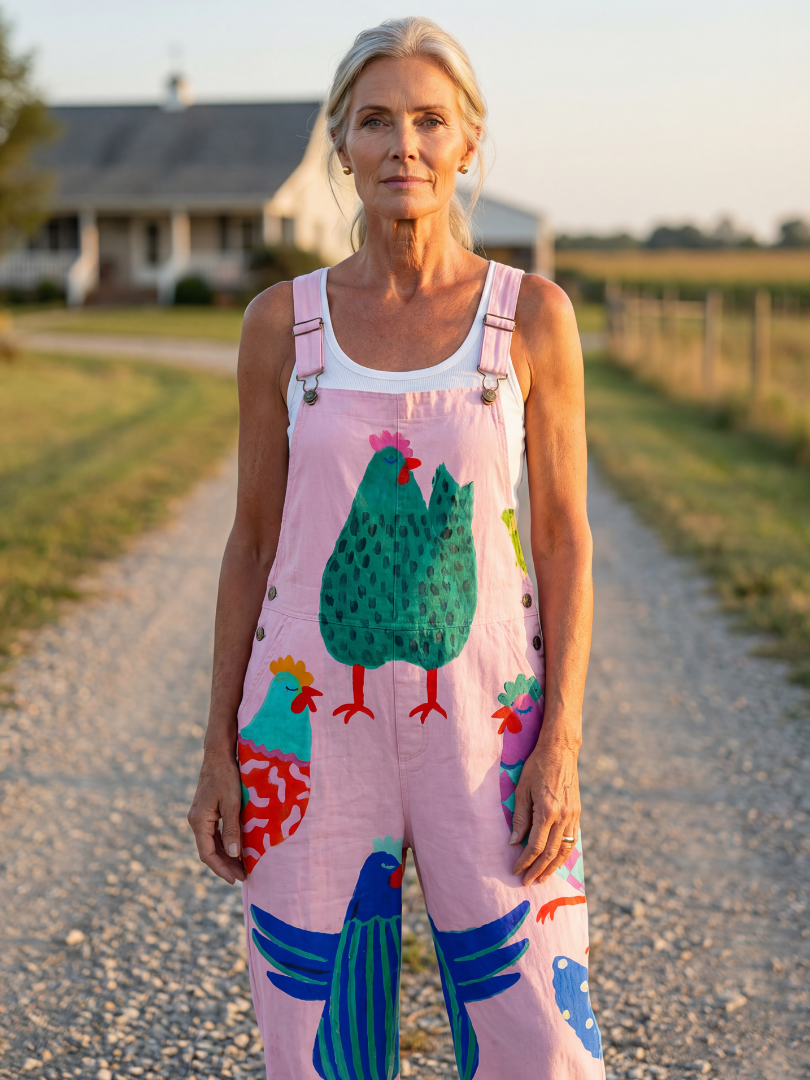 Pink Women's Relaxed Hen Motif Jumpsuit, full length, comfortable for casual summer wear.
