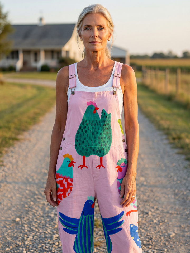 Pink Women's Relaxed Hen Motif Jumpsuit, full length, comfortable for casual summer wear.