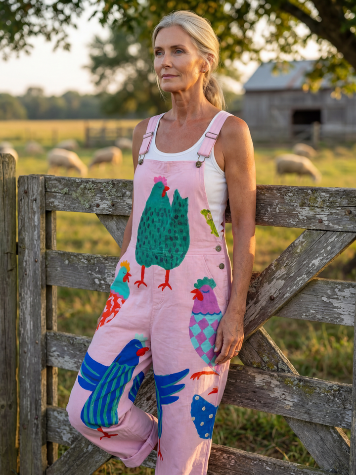 Women's relaxed fit jumpsuit with unique hen print, perfect for resort wear or casual summer outfits.