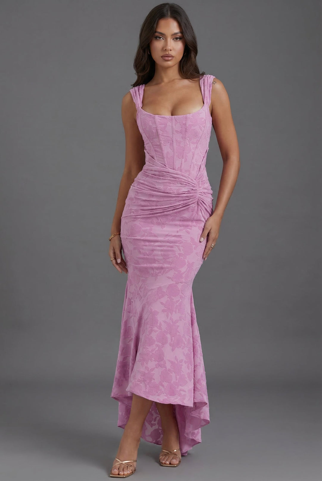 Pink women's ruched corset maxi dress with a square neckline, perfect for a wedding guest or formal evening event.