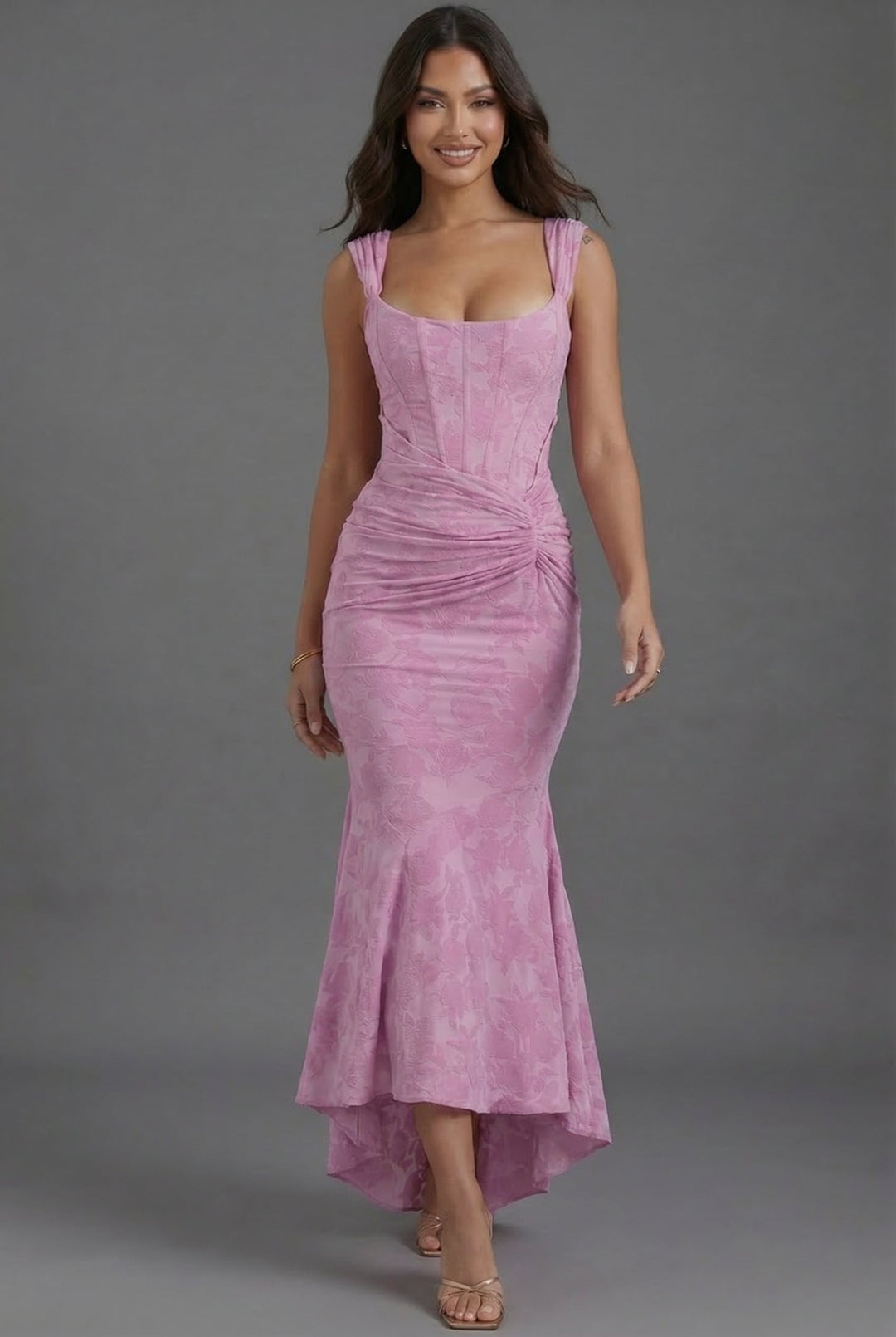 Women's pink corset ruched maxi dress for wedding guests, formal occasions. Features elegant square neckline & fishtail.