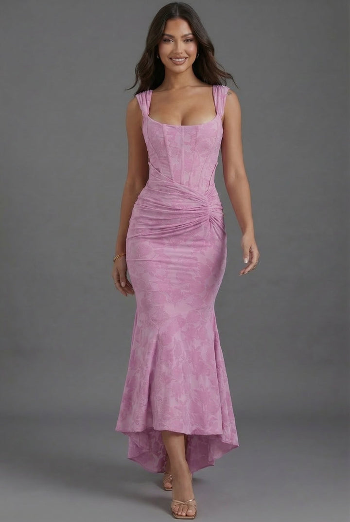 Women's pink corset ruched maxi dress for wedding guests, formal occasions. Features elegant square neckline & fishtail.