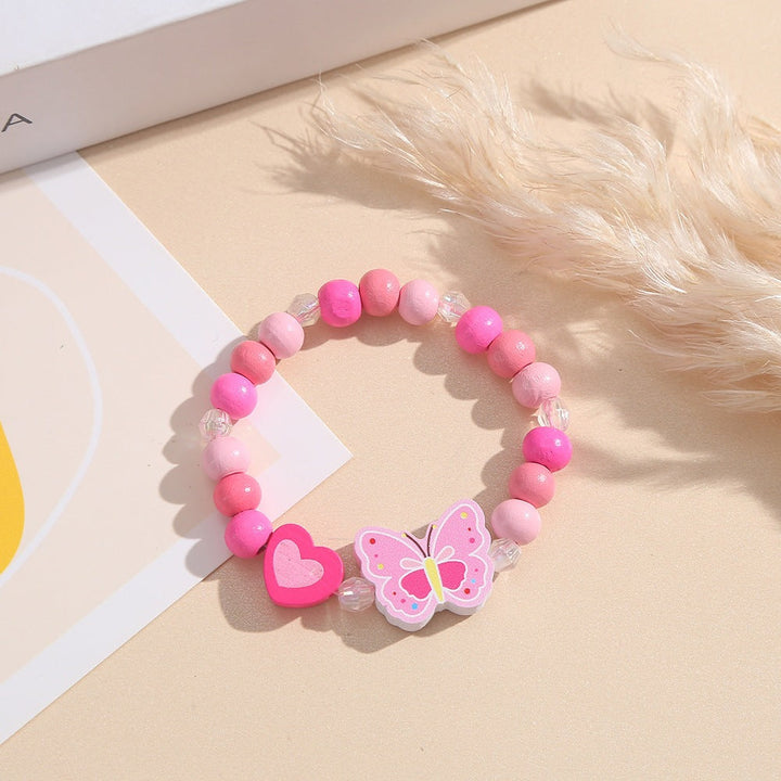 Playful pink charm bracelet for women/girls, wooden beads, adorable heart & butterfly charms.