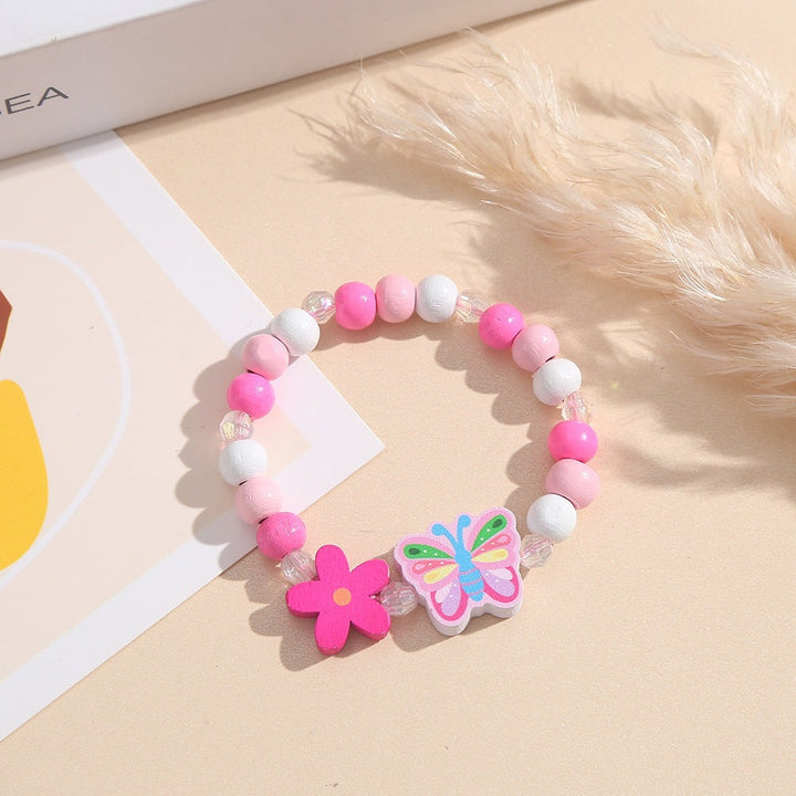 Vibrant pink wooden bead charm bracelet, features delightful heart & butterfly details for women/girls.
