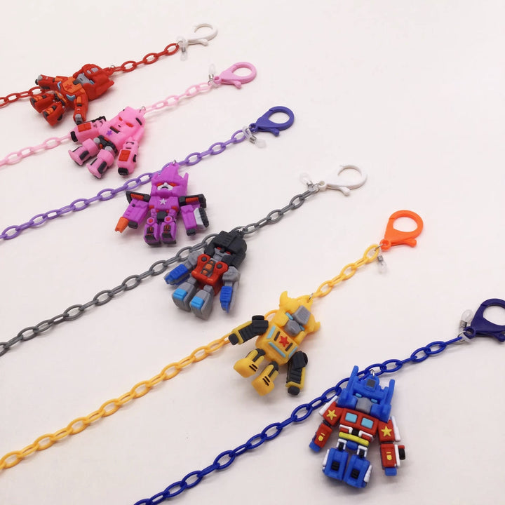 Colorful plastic robot glasses holder chain. Fun and secure eyewear accessory for adults.