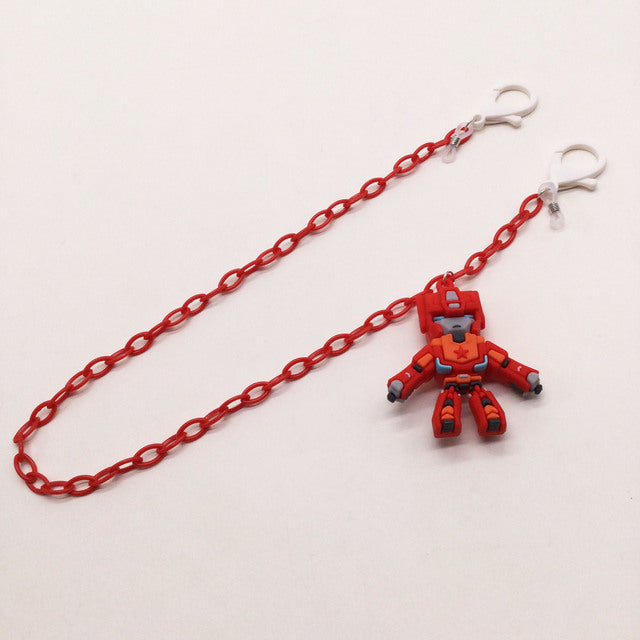 Cute robot design eyeglass holder chain. Vibrant plastic eyewear accessory, a unique gift.