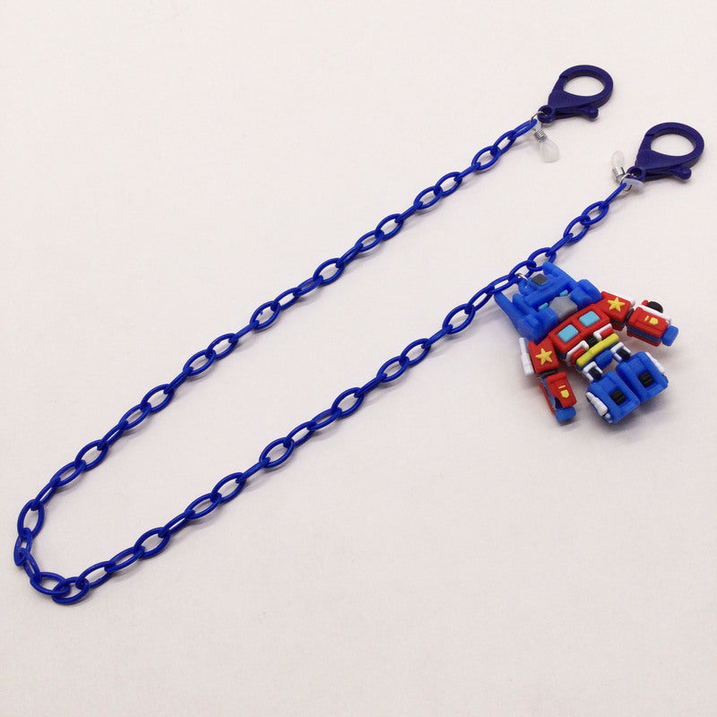 Whimsical robot eyeglass holder. A colorful, playful plastic chain for all types of eyewear.