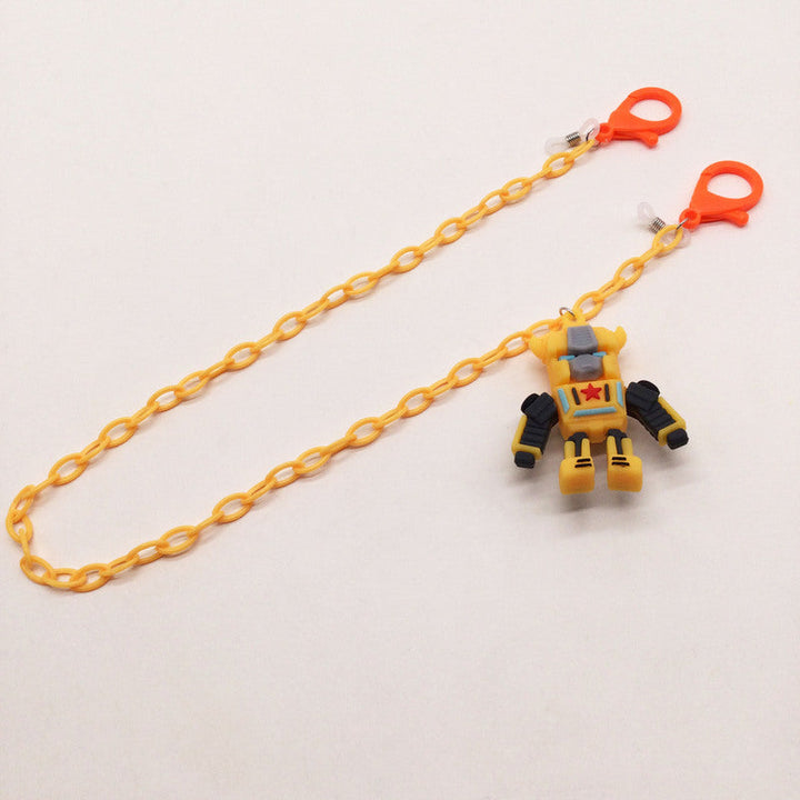 Secure eyewear chain with playful robot. Unisex fashion accessory in colorful plastic.