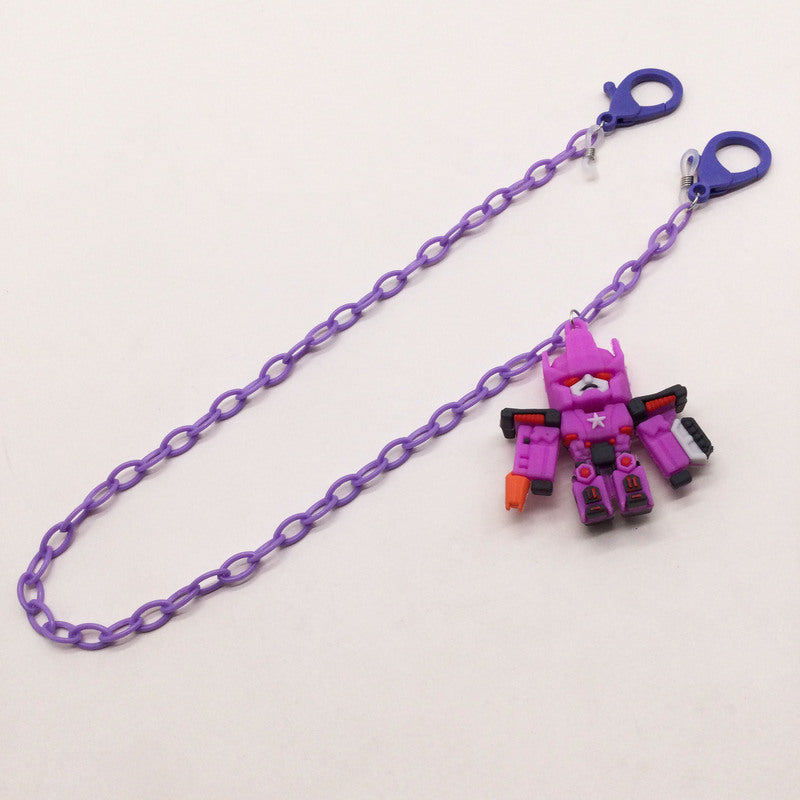 Vibrant plastic robot eyeglass chain. A fun and functional unisex accessory for holding glasses.