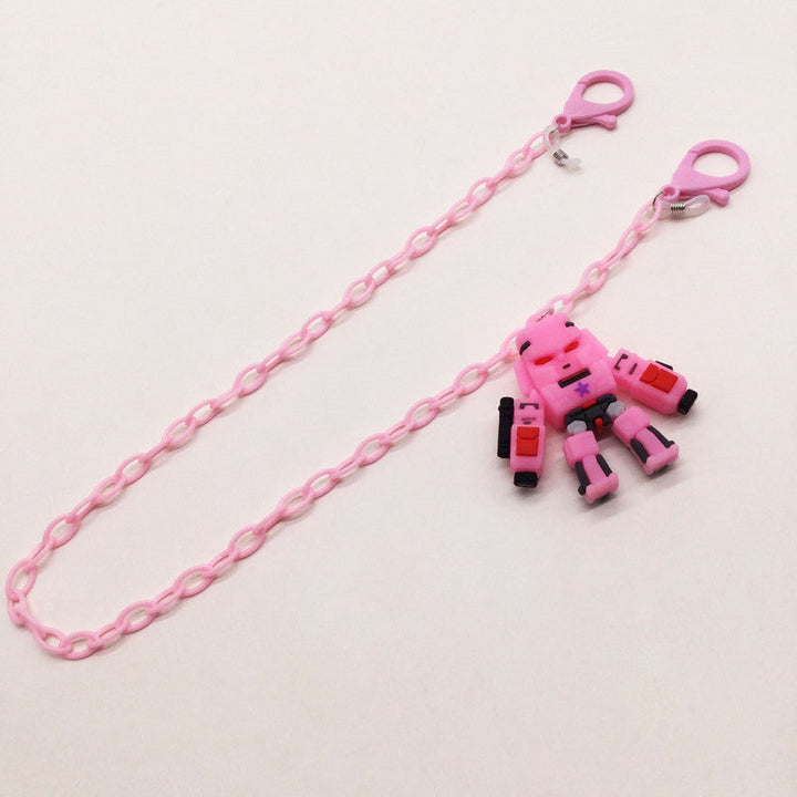 Unisex playful robot eyeglass holder. Colorful plastic chain for convenient and stylish eyewear keeping.