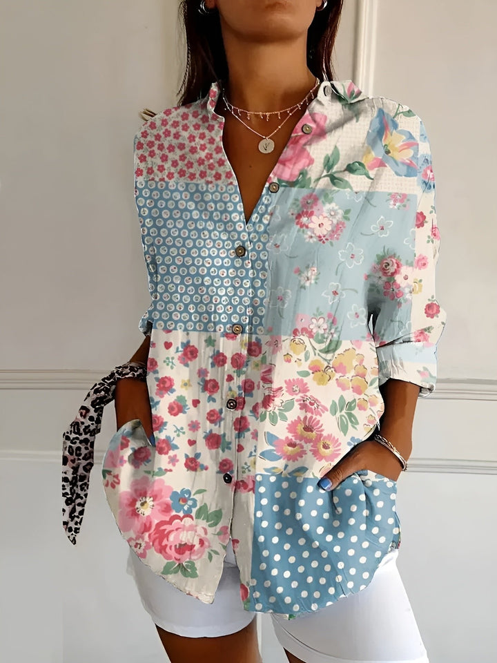 Comfortable plus size women's blue floral print long sleeve button-up shirt, perfect for casual wear.