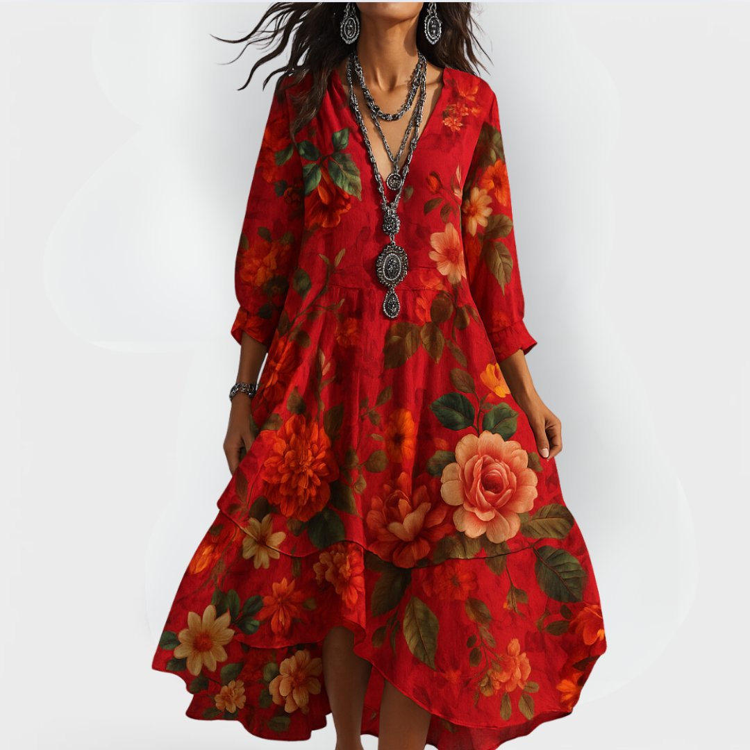 Elegant plus size women's midi dress featuring a vibrant boho floral print, flattering V-neck, and stylish tiered skirt.