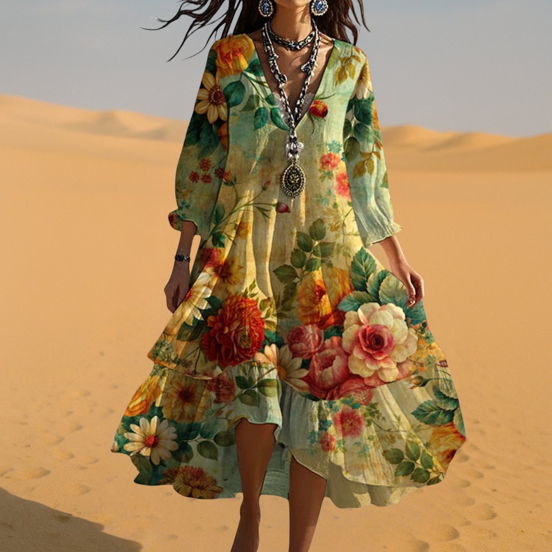 Comfortable plus size women's casual boho floral midi dress. Ideal for summer, with a V-neck and tiered design.