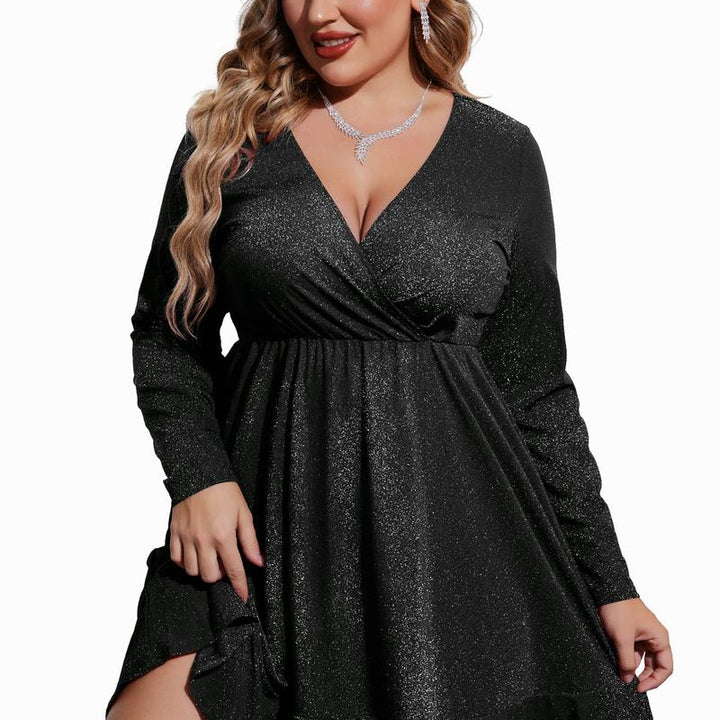 Plus size women's glitter V-neck swing cocktail dress with ruffle hem, perfect for parties & special occasions.