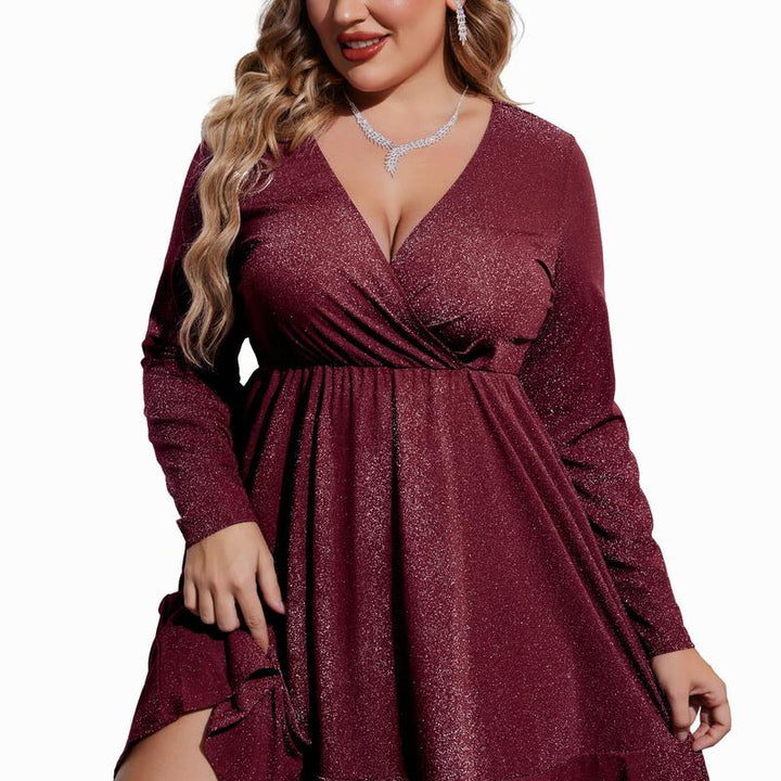 Elegant plus size glitter V-neck party dress for women, featuring a flattering swing silhouette & ruffle hem.