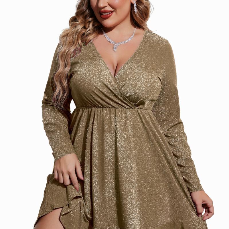 Women's plus size evening dress with shimmering glitter, V-neck, and chic ruffle hem in a swing cocktail style.