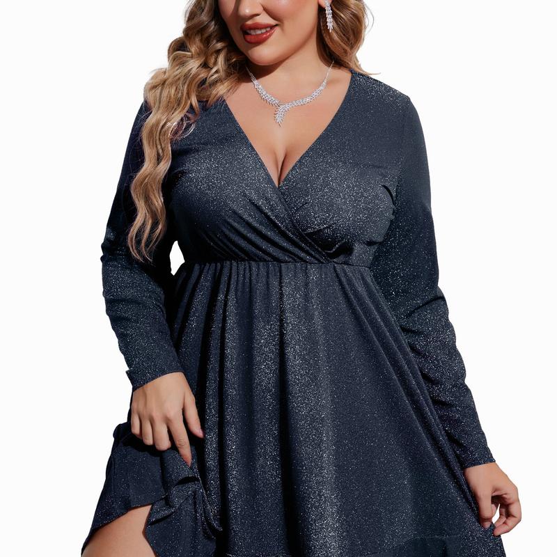 Chic plus size V-neck swing dress for women, with dazzling glitter & elegant ruffle hem, ideal for evening events.