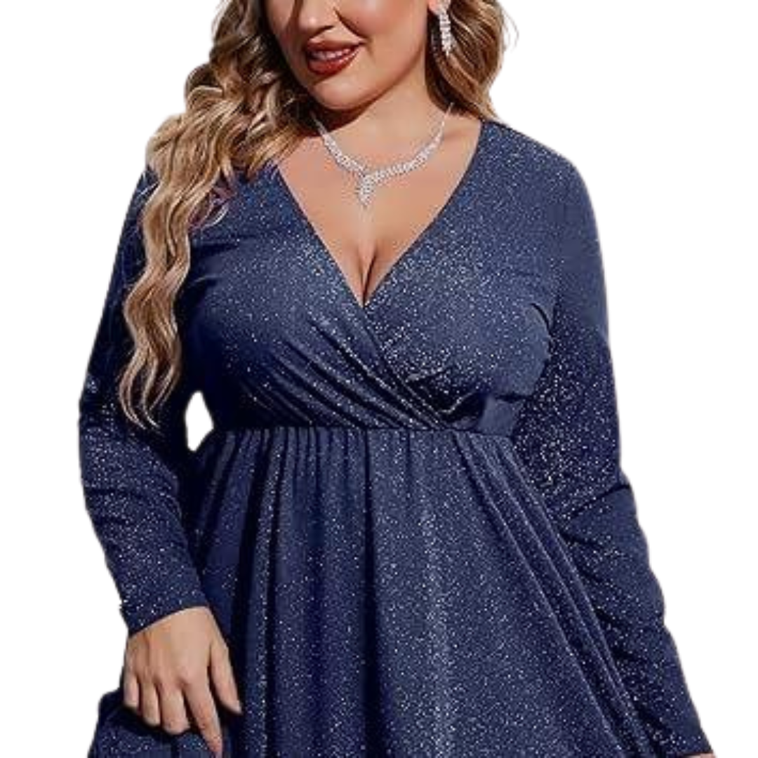 Shimmering plus size glitter V-neck cocktail dress for women, featuring a graceful ruffle hem and swing design.