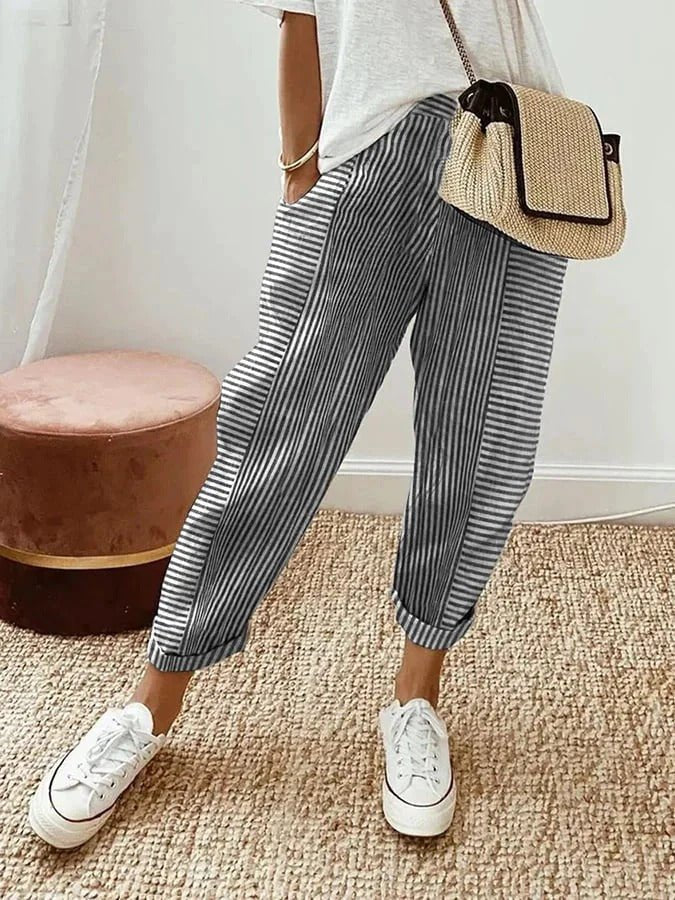 Stylish plus size women's striped pants, straight leg, elastic waist, and relaxed fit for comfort.