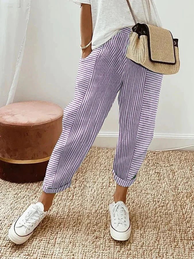 Women's plus size striped loungewear trousers, elastic waist, relaxed fit for ultimate comfort.