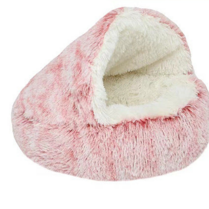 Plush cat cuddle cave with cozy hood, perfect warm sanctuary for small pets.