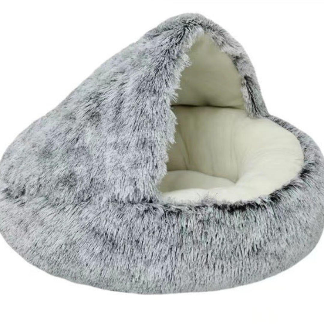 Versatile 2-in-1 hooded plush cat bed and cuddle cave, machine washable for pet comfort.
