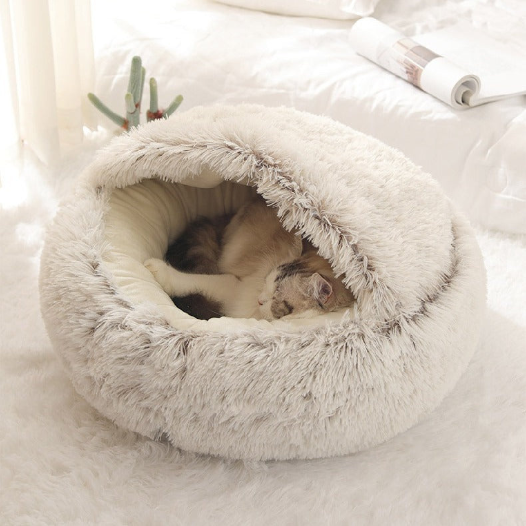 Cozy hooded plush cat sanctuary, a warm cuddle cave pet bed for ultimate comfort.