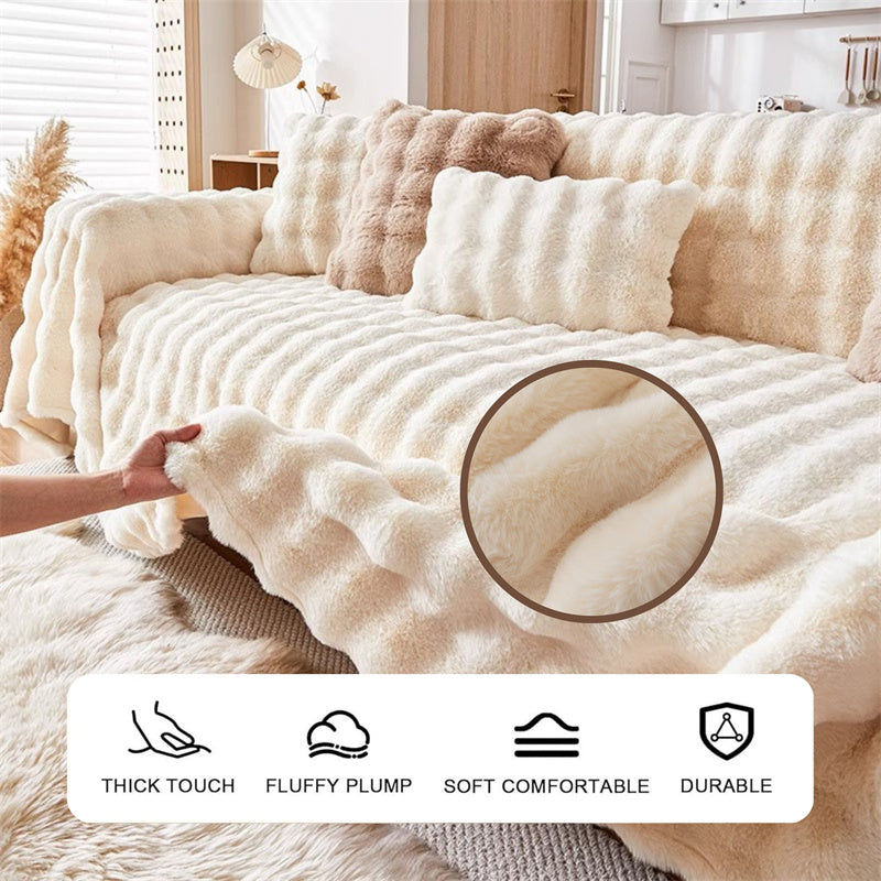 Luxurious faux fur sofa slipcover in cream white, non-slip, for ultimate comfort & furniture protection.
