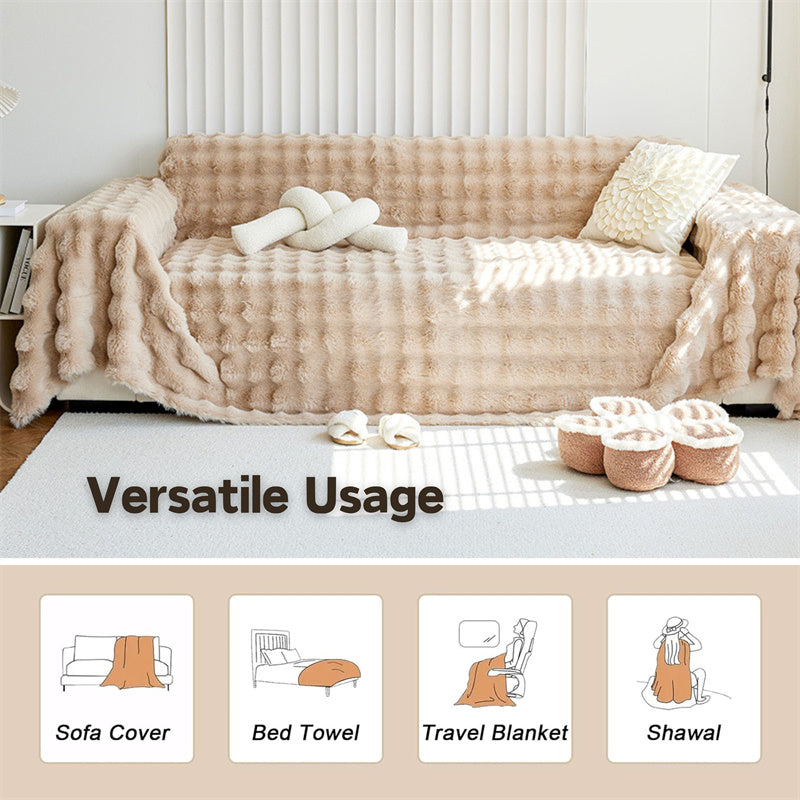 Modern khaki plush sofa throw, non-slip faux fur, perfect pet-friendly furniture protector.