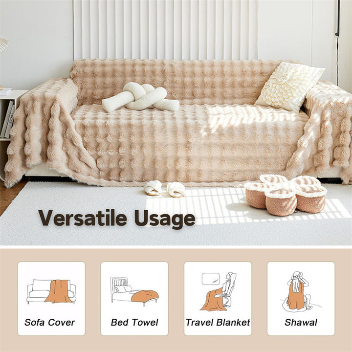 Modern khaki plush sofa throw, non-slip faux fur, perfect pet-friendly furniture protector.