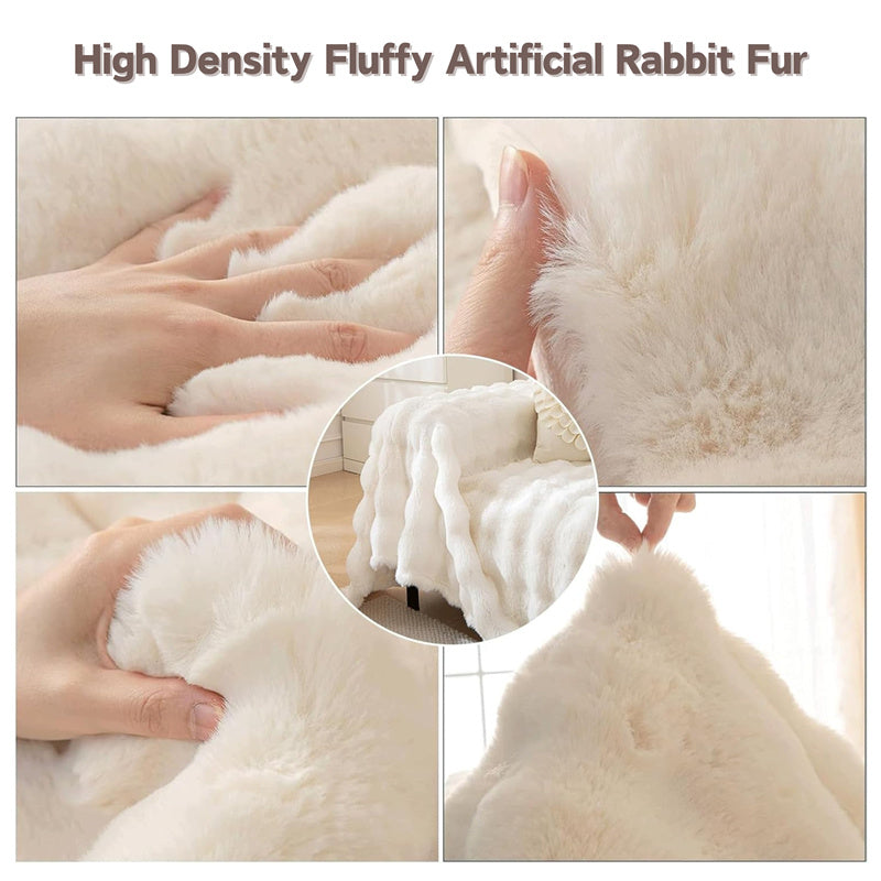 Soft light gray faux fur sofa protector, non-slip, cozy decorative blanket for home textile.