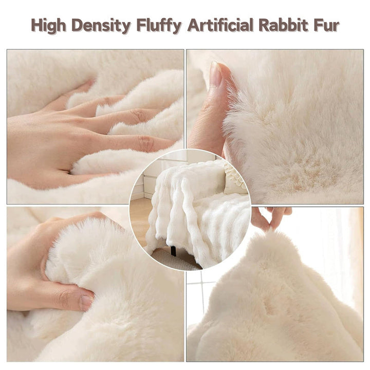Soft light gray faux fur sofa protector, non-slip, cozy decorative blanket for home textile.