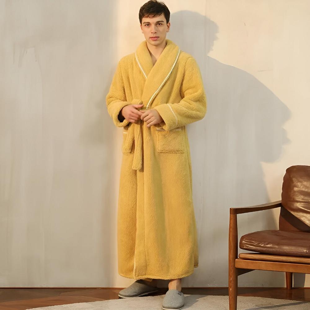 Unisex plush fleece bathrobe featuring a soft shawl collar. Experience cozy warmth & ultimate comfort at home.
