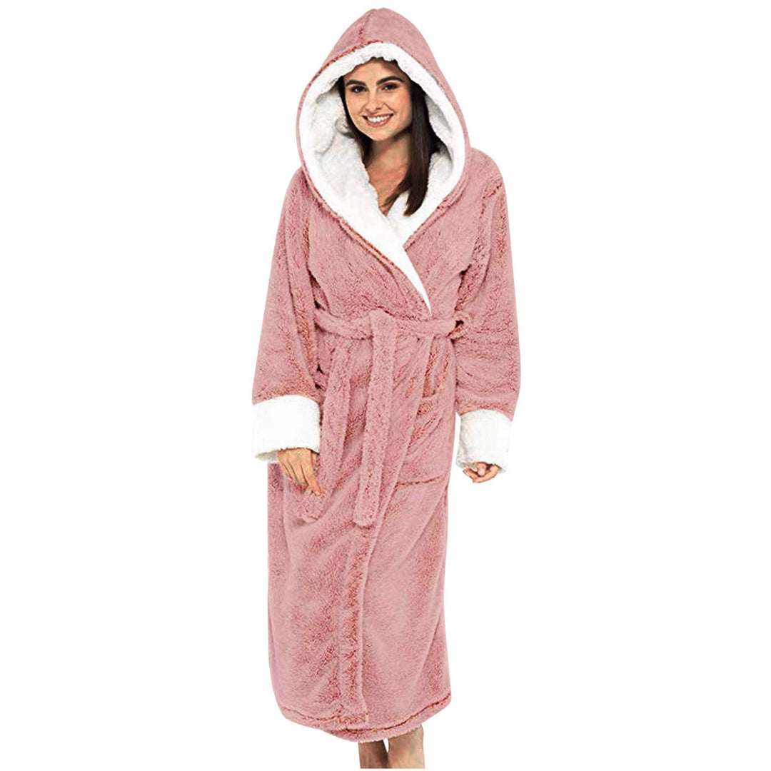 Soft plush hooded loungewear robe for women, featuring a comfortable belt. Ideal sleepwear for relaxation.