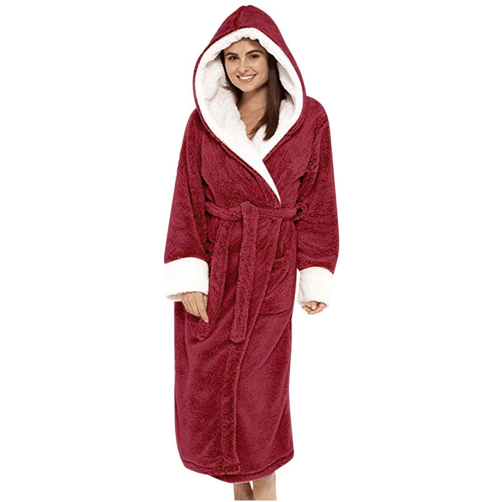 Detail of soft plush fabric & comfortable tie belt on a women's hooded loungewear robe. Cozy nightwear.