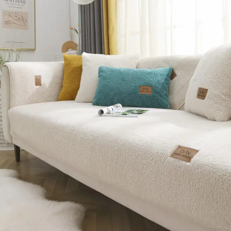 Stylish Sherpa fleece sofa cover, non-slip & waterproof. A plush furniture protector for a cozy, clean living room.