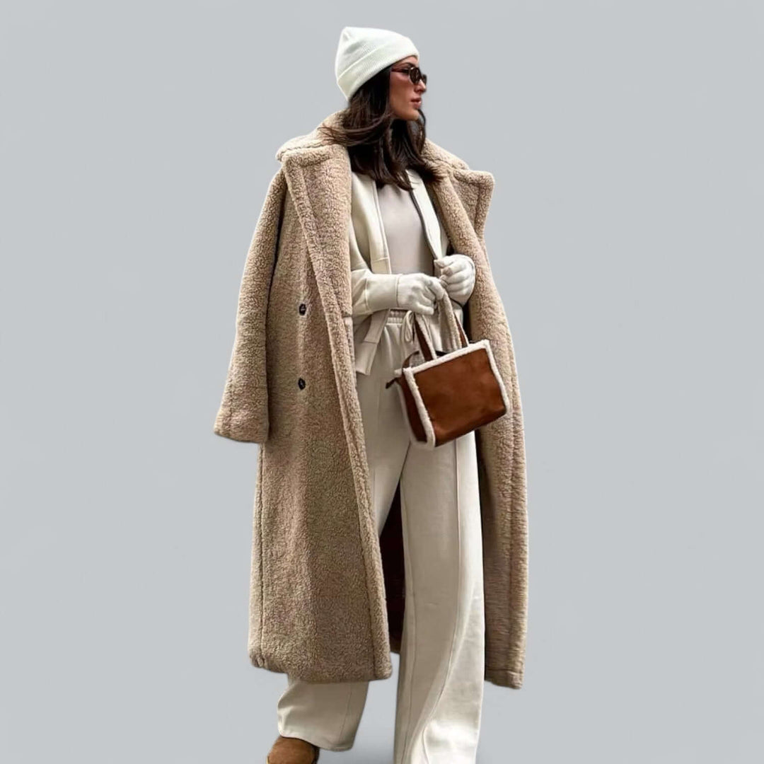 Plush teddy long coat for women, cozy and warm winter outerwear.