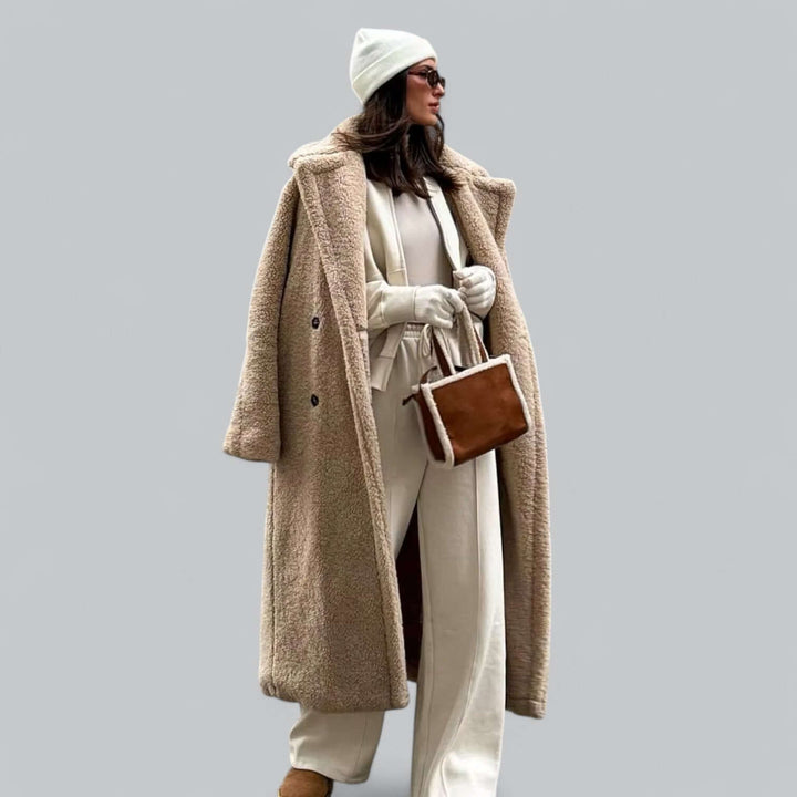 Plush teddy long coat for women, cozy and warm winter outerwear.
