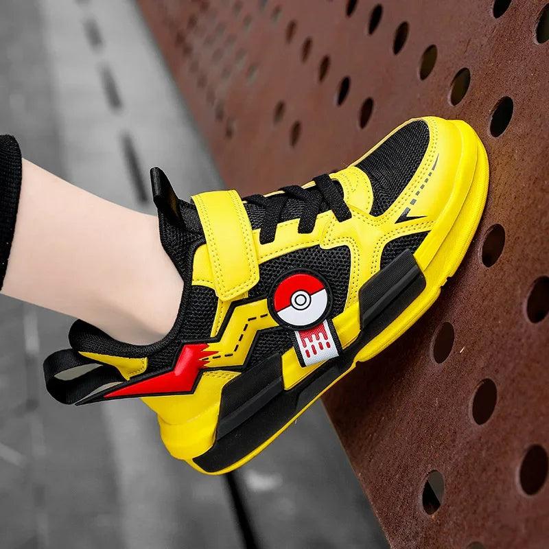 Breathable yellow Pokémon kids' athletic sneakers with easy closure for boys & girls. Comfortable school shoes.