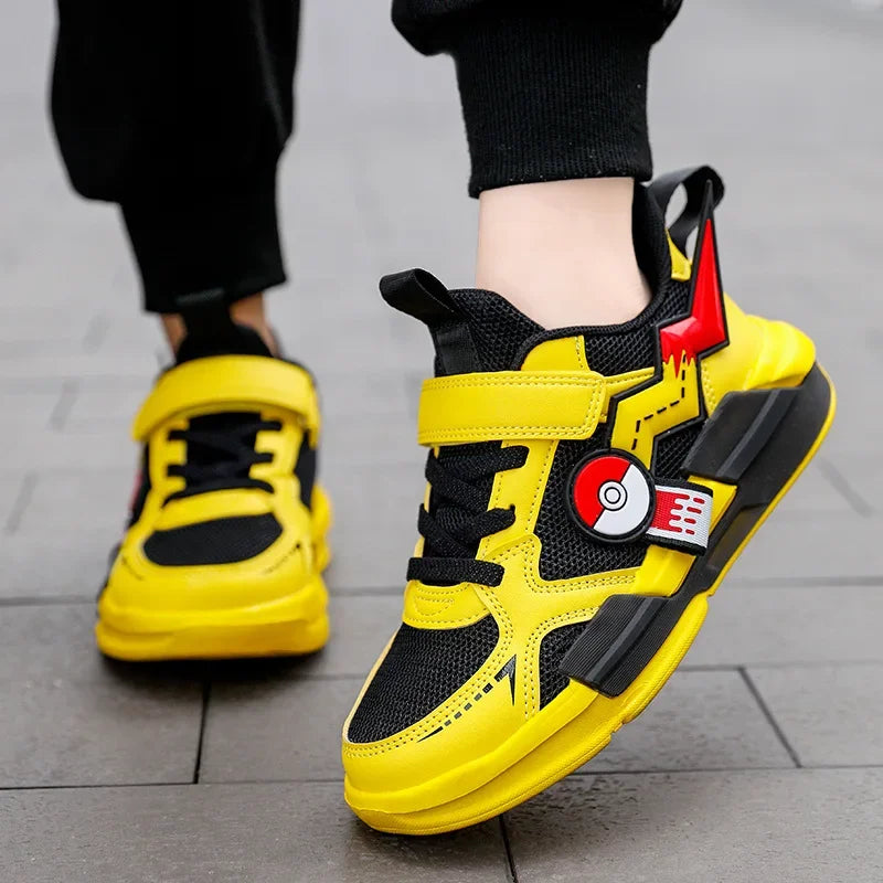 Yellow Pokémon character kids' athletic sneakers for boys & girls. Breathable & comfortable for playtime & school.