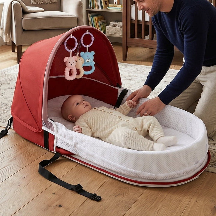Foldable baby crib with fine mesh mosquito net, perfect for travel & outdoor protection against bugs.