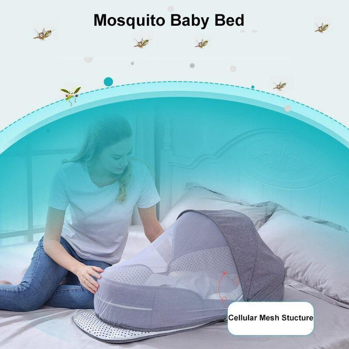 Breathable mesh baby travel bed, pop-up mosquito net crib for infant comfort & bug-free outdoor sleep.