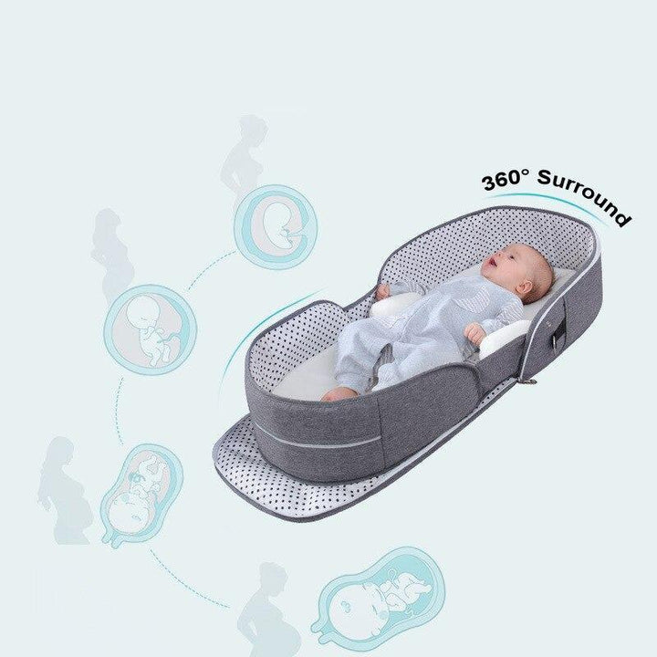 Convenient foldable baby bed with mosquito net, essential travel crib for newborn protection & rest.