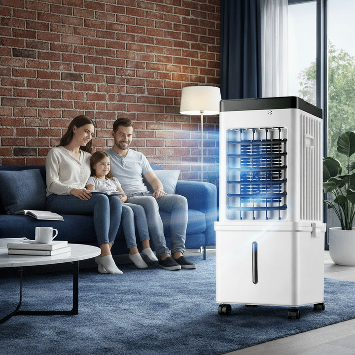 Portable 3-in-1 air conditioner with fan & cooling for home. Mobile AC unit for personal summer comfort.