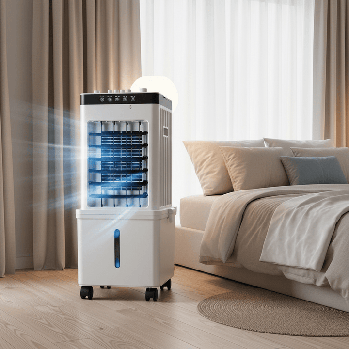 Modern portable air cooler providing powerful room cooling. Ideal home appliance for summer comfort.